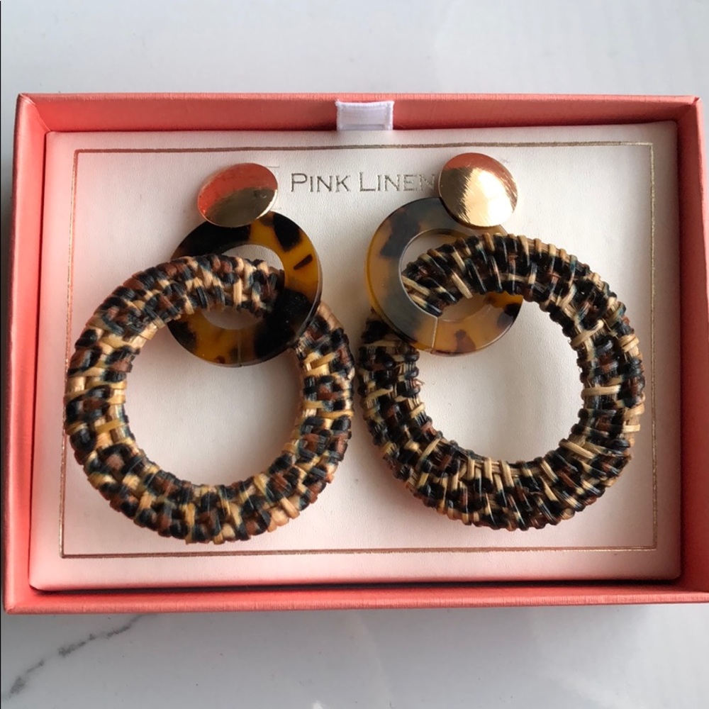 New Pink Linen Leopard/wicker earrings